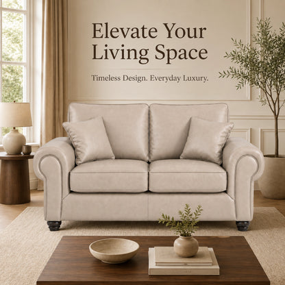 Cream leather 2-seater sofa with full back support from Gamzo Outlet, showcasing plush cushions and sleek design.