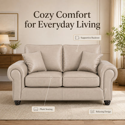 Cream two-seater leather sofa from Gamzo Outlet with full back support, modern design, and plush cushioning.