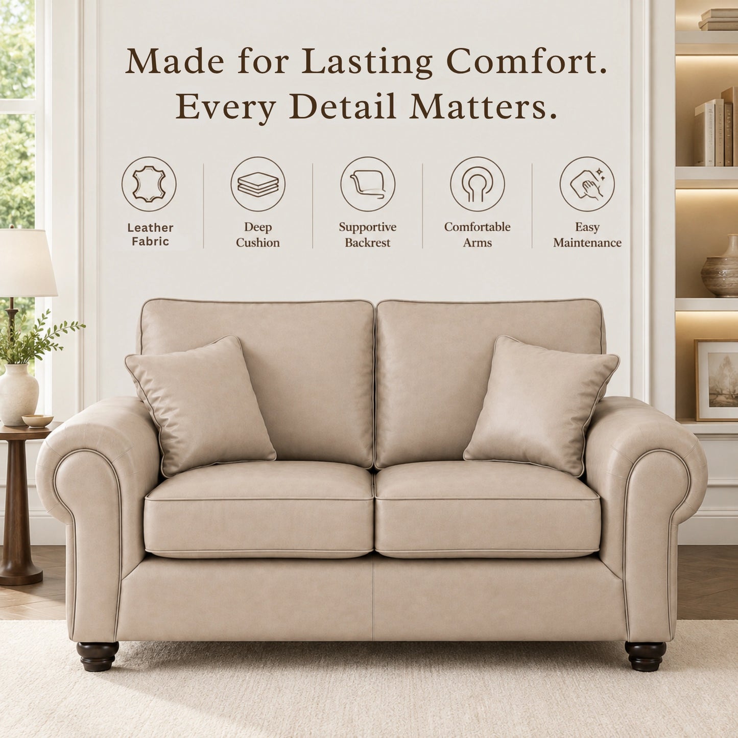 Cream Gamzo Outlet Wilcot full back leather 2-seater sofa with plush cushions and wooden legs, stylish and comfortable for living room.