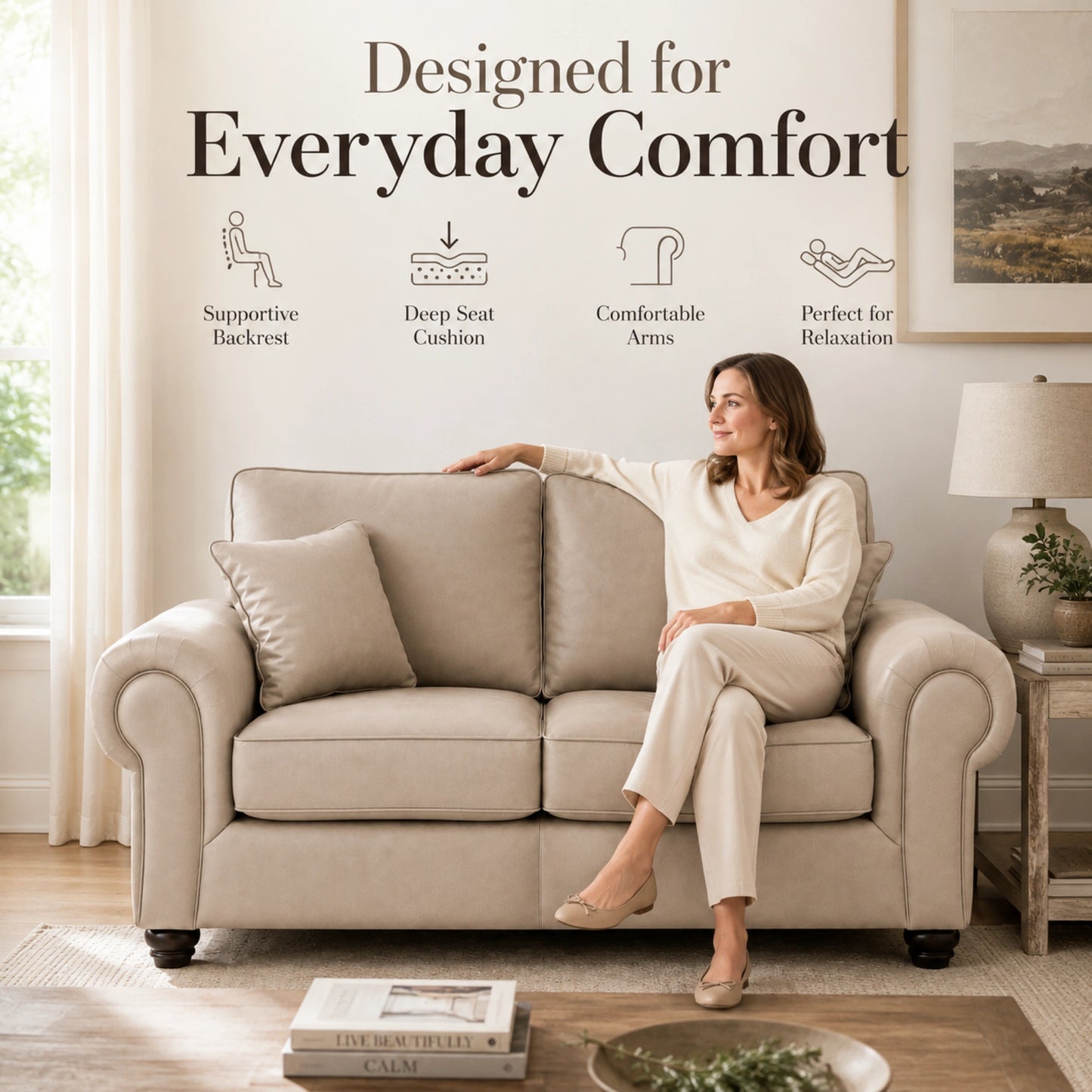 Cream Gamzo Outlet Wilcot full back leather sofa with plush cushions and modern design in a cozy living room setting.
