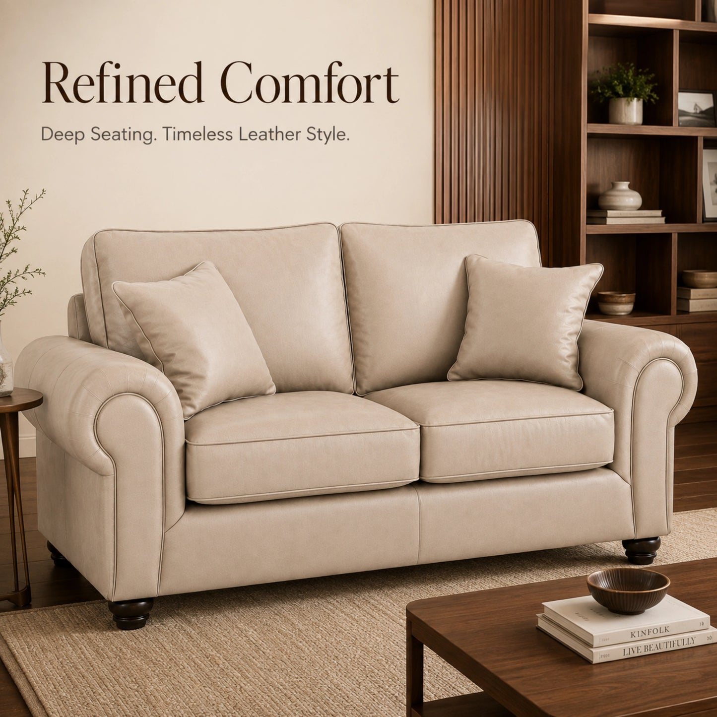 Cream leather two-seater sofa with full back design by Gamzo Outlet, showcasing plush cushions and elegant upholstery.