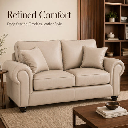Cream leather two-seater sofa with full back design by Gamzo Outlet, showcasing plush cushions and elegant upholstery.