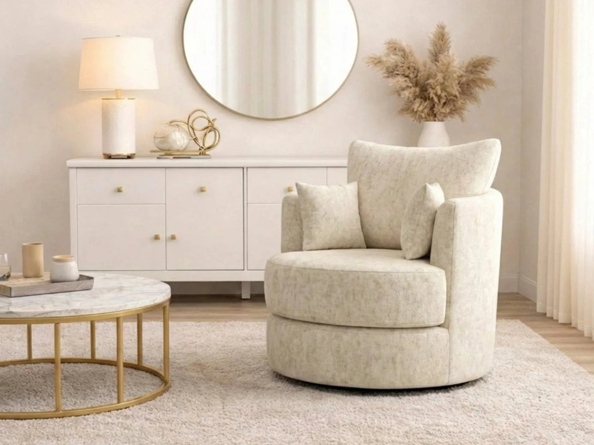 Cream Gamzo Outlet Alaska Fabric Swivel Chair with cushioned seat and backrest, modern design, and sturdy base.