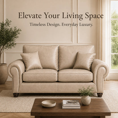 Cream Gamzo Outlet Wilcot full back leather sofa, 3-seater with plush cushioning and elegant design, shown in a living room setting.