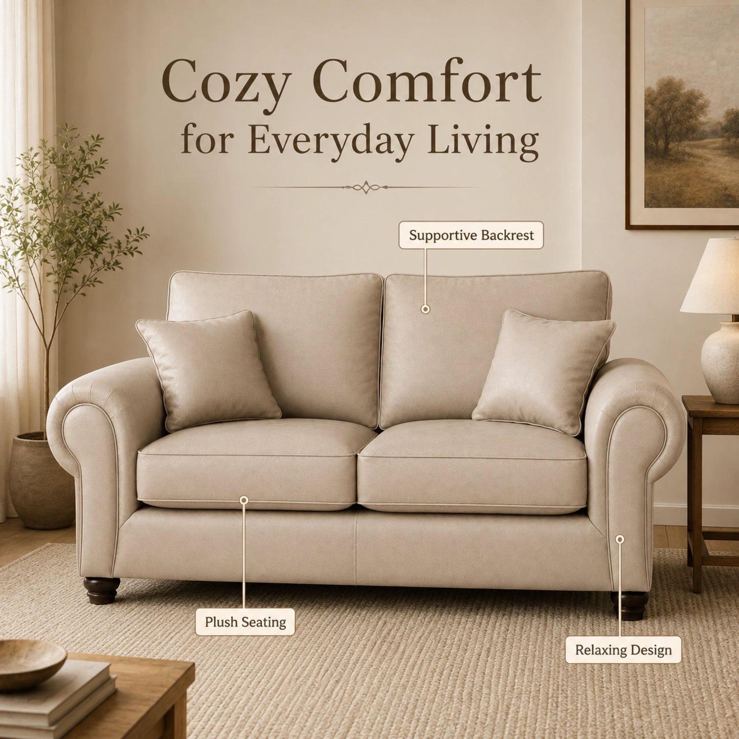 Cream Wilcot full back leather sofa by Gamzo Outlet, three-seater with plush cushions and stylish design.