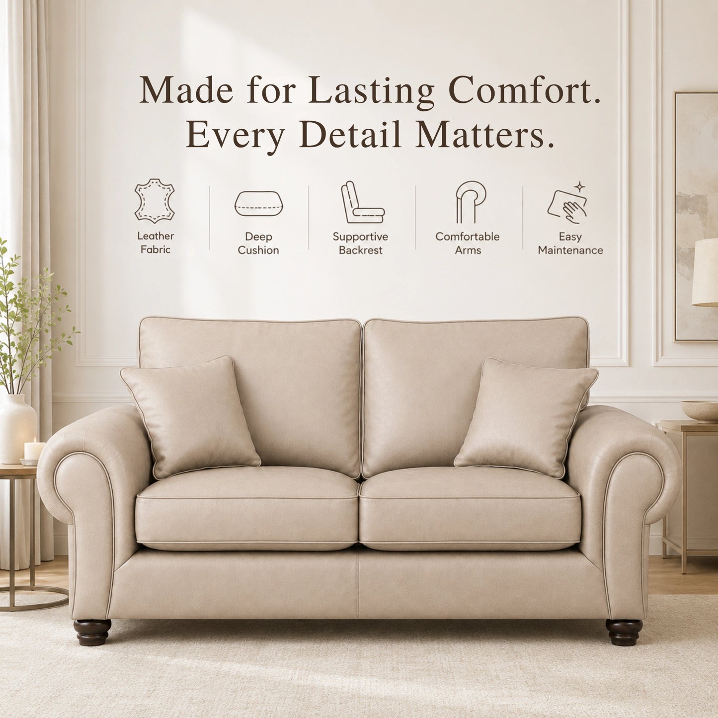 Cream leather full back 3-seater sofa by Gamzo Outlet with plush cushions and modern design.