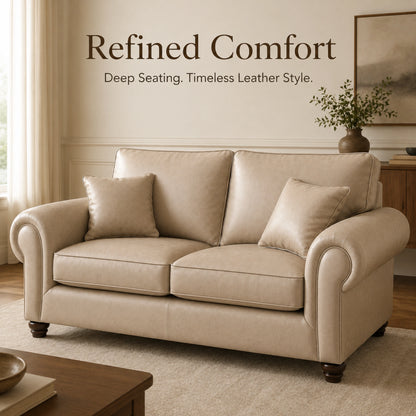 Cream Wilcot full back leather sofa by Gamzo Outlet, three-seater with plush cushions and elegant design.