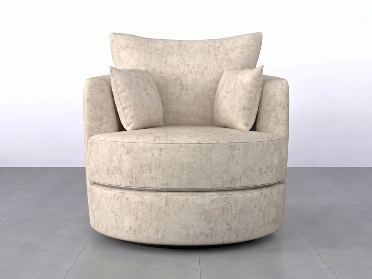 Cream Gamzo Outlet Alaska Fabric Swivel Chair with padded armrests and modern design, shown from a side view.