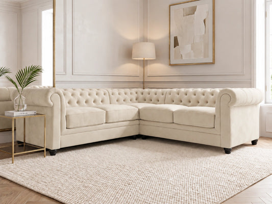 Cream plush velvet corner sofa from Gamzo Outlet featuring a stylish, comfortable design and elegant corner seating.