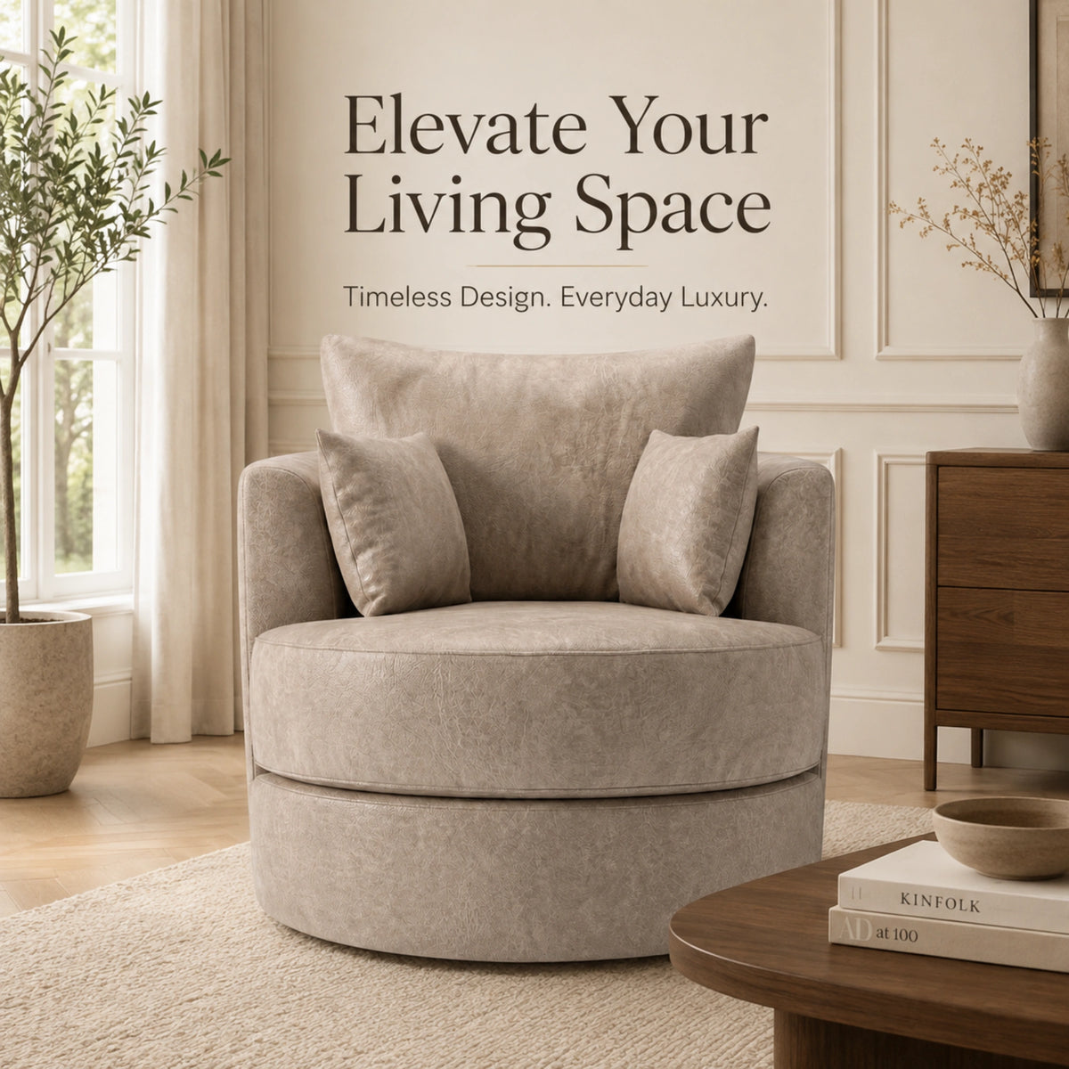 Cream Dillon leather swivel chair by Gamzo Outlet, featuring a plush cushioned seat and sleek swivel base for modern comfort.