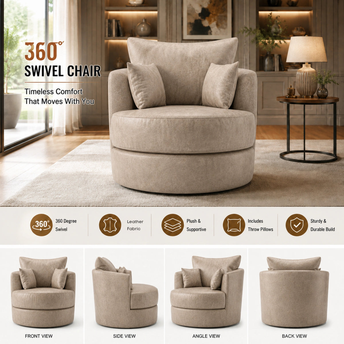 Cream Dillon leather swivel sofa chair with a rounded back and metal base, designed for comfort and style.