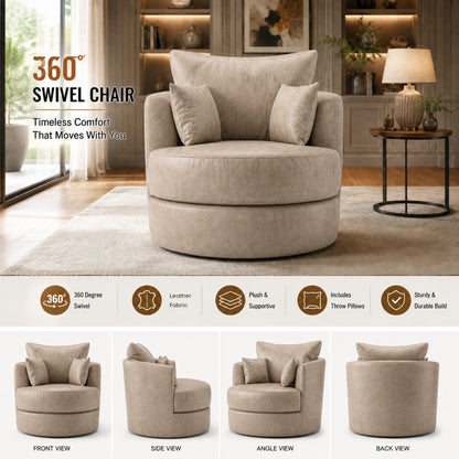 Cream Dillon leather swivel sofa chair with a rounded back and metal base, designed for comfort and style.