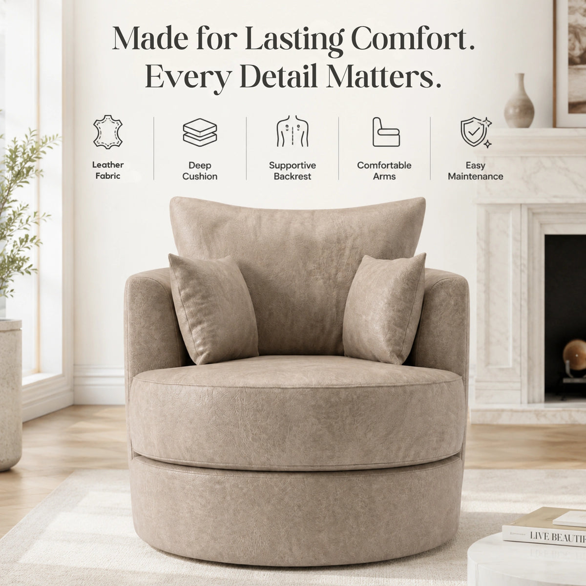 Cream Dillon leather swivel chair by Gamzo Outlet, showing a plush, comfortable sofa with a modern design and sturdy base.