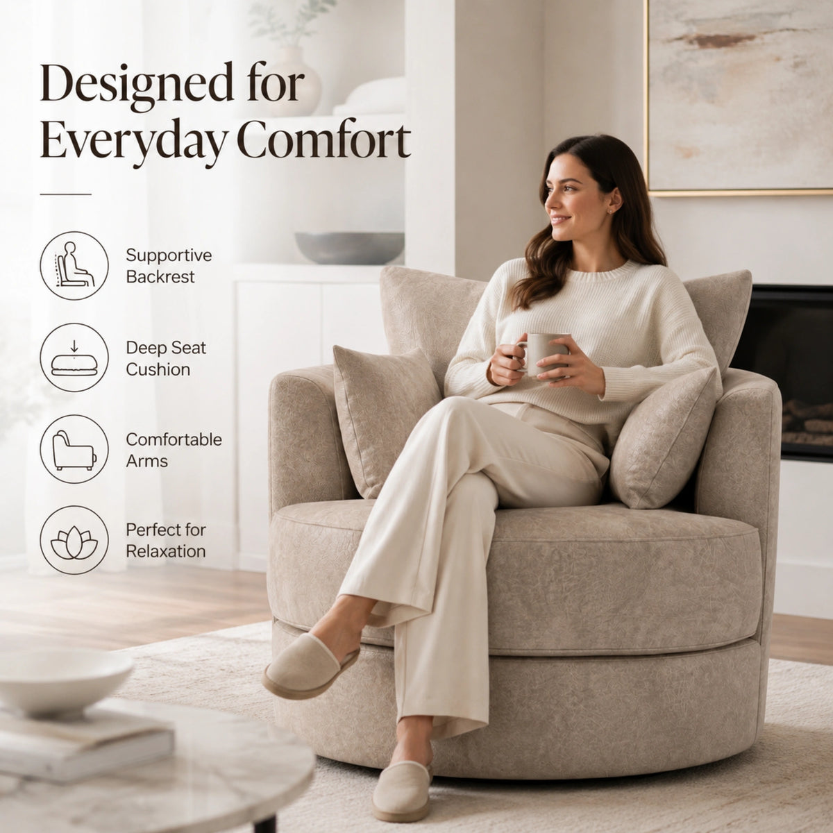 Cream Dillon leather swivel sofa chair with a modern design and cushioned armrests, perfect for contemporary living rooms.