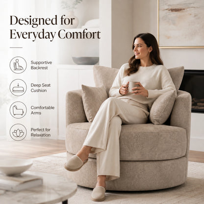 Cream Dillon leather swivel sofa chair with a modern design and cushioned armrests, perfect for contemporary living rooms.