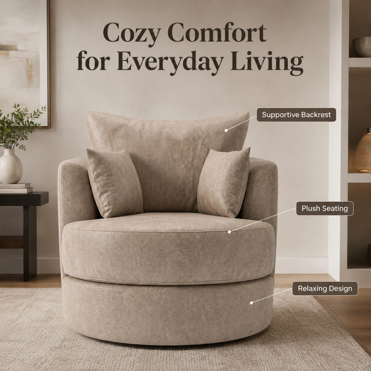 Cream Dillon leather swivel chair by Gamzo Outlet with a modern sofa design, featuring a comfortable cushioned seat and sleek armrests.