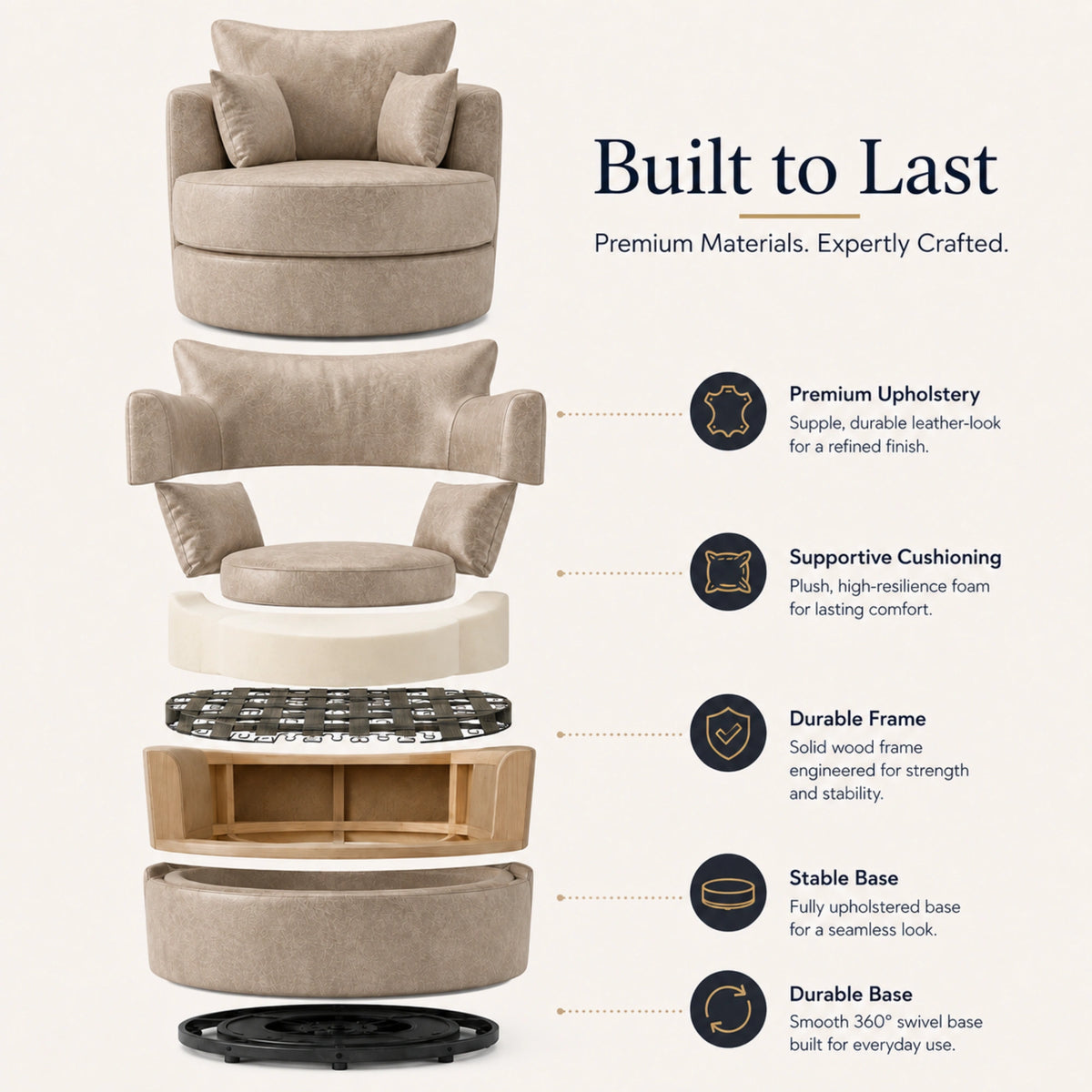 Cream Dillon leather swivel chair by Gamzo Outlet, featuring a plush cushioned seat and a modern, rounded design for comfortable seating.