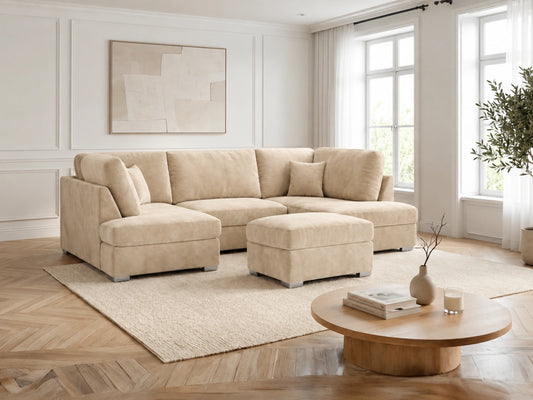 Cream U-shaped plush velvet sofa by Gamzo Outlet, stylish cinema-style sectional with soft cushions and modern design.