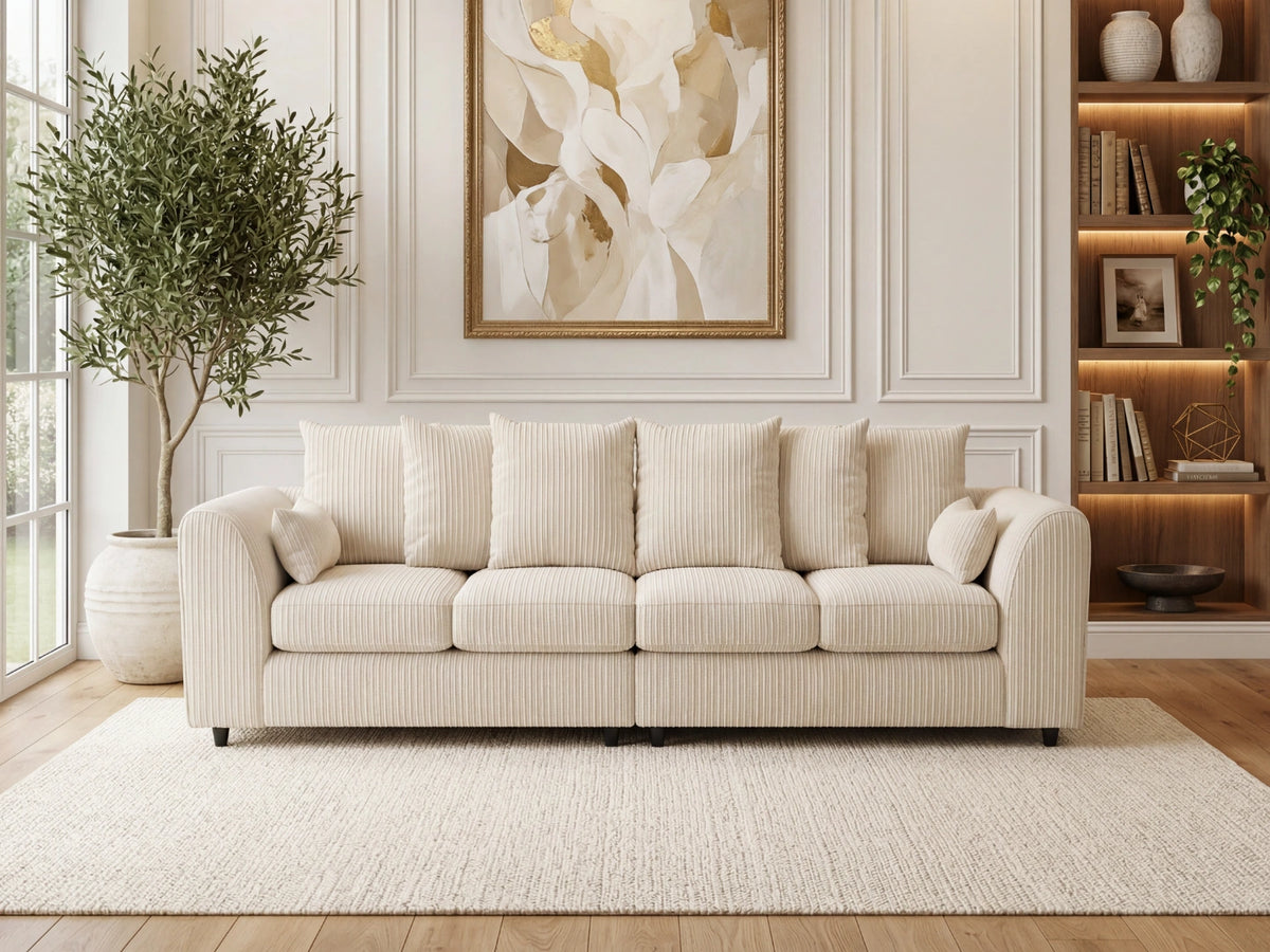 Cream Gamzo Outlet jumbo cord fabric 4-seater corner sofa with scatter back cushions for a cozy living room setup.