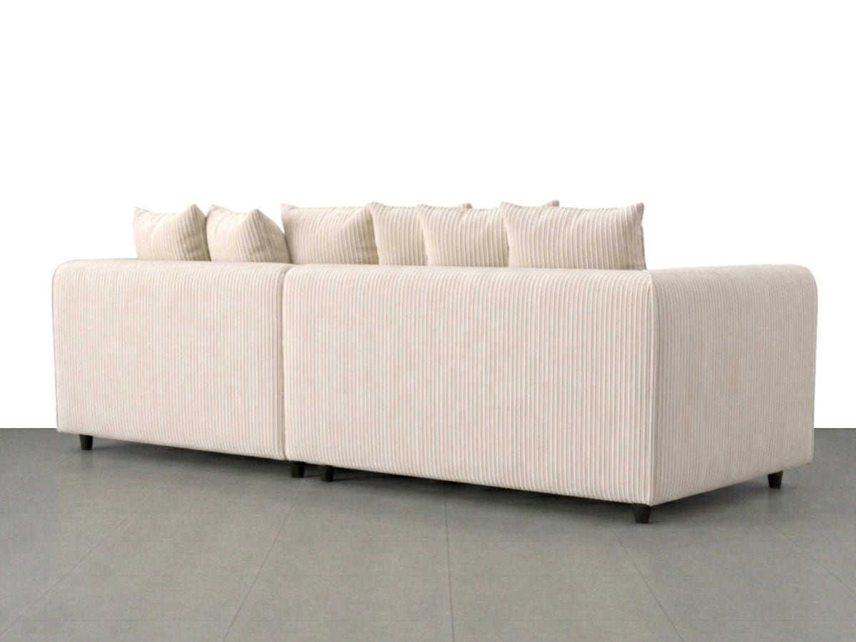 Cream jumbo cord fabric 4-seater scatter back corner sofa by Gamzo Outlet, showcasing plush cushioning and spacious seating.