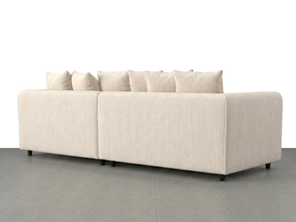 Cream jumbo cord fabric 4-seater scatter back corner sofa by Gamzo Outlet, showcasing plush cushioning and spacious seating.