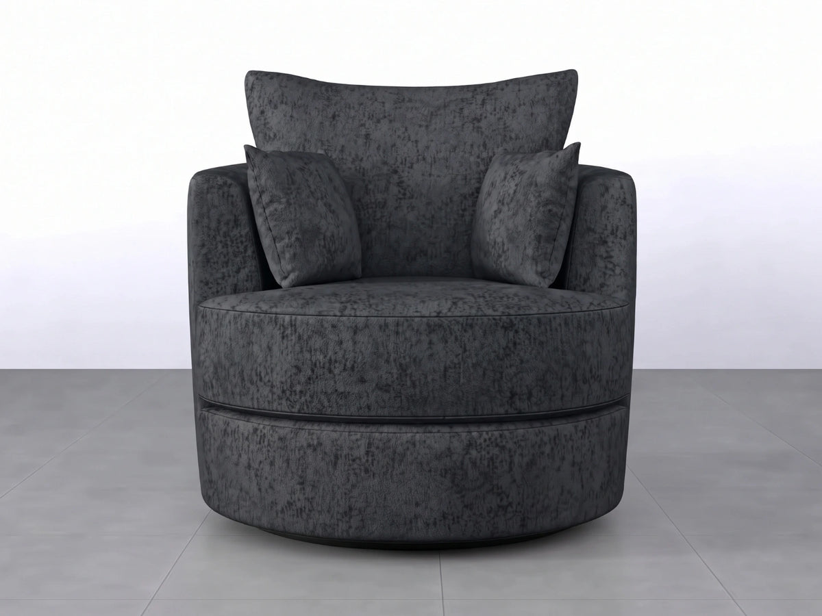Dark grey Gamzo Outlet Alaska Fabric Swivel Chair with cushioned seat and backrest, showcasing modern design and sturdy base.