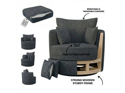 Dark grey Gamzo Outlet Alaska fabric swivel chair with a modern design and cushioned seat for comfortable seating.