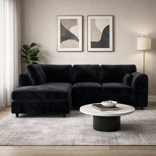 Black plush velvet full back L-shape sofa by Gamzo Outlet, showcasing a cozy, stylish living room furniture piece.