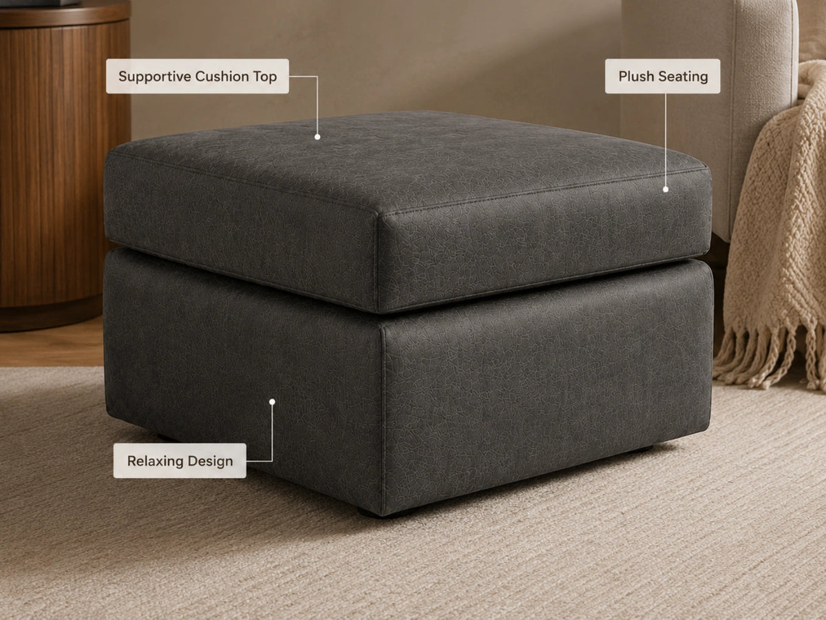 Black leather footstool from the Wilcot full back sofa set by Gamzo Outlet, showcasing a plush, modern design.