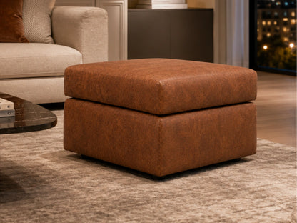 Brown footstool from the Wilcot full back leather sofa set by Gamzo Outlet, showcasing plush leather upholstery and sturdy wooden legs.