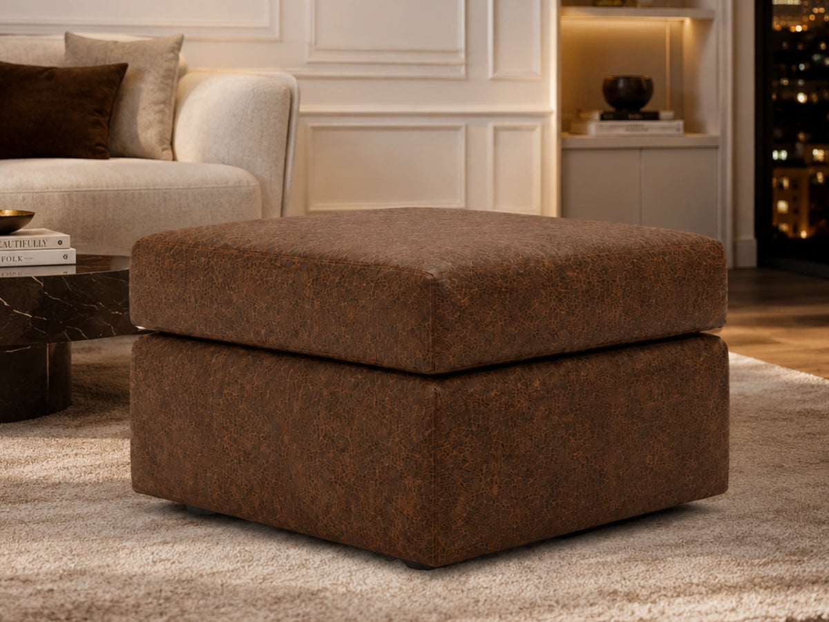Chocolate brown leather footstool for Wilcot full back sofa set by Gamzo Outlet, featuring plush upholstery and sturdy wooden legs.