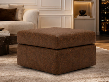 Chocolate brown leather footstool for Wilcot full back sofa set by Gamzo Outlet, featuring plush upholstery and sturdy wooden legs.
