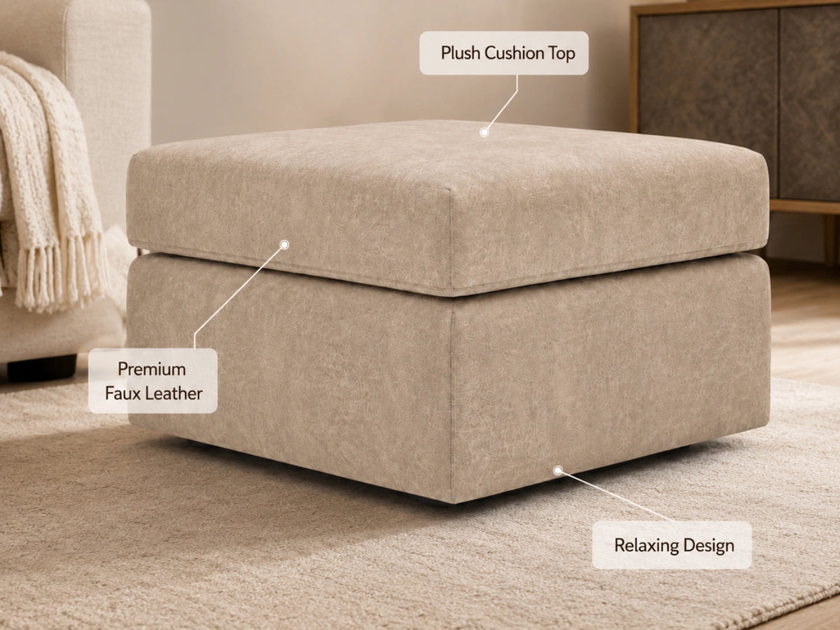 Cream leather footstool matching Dillon full back sofa set by Gamzo Outlet, with plush cushioning and elegant wooden legs.
