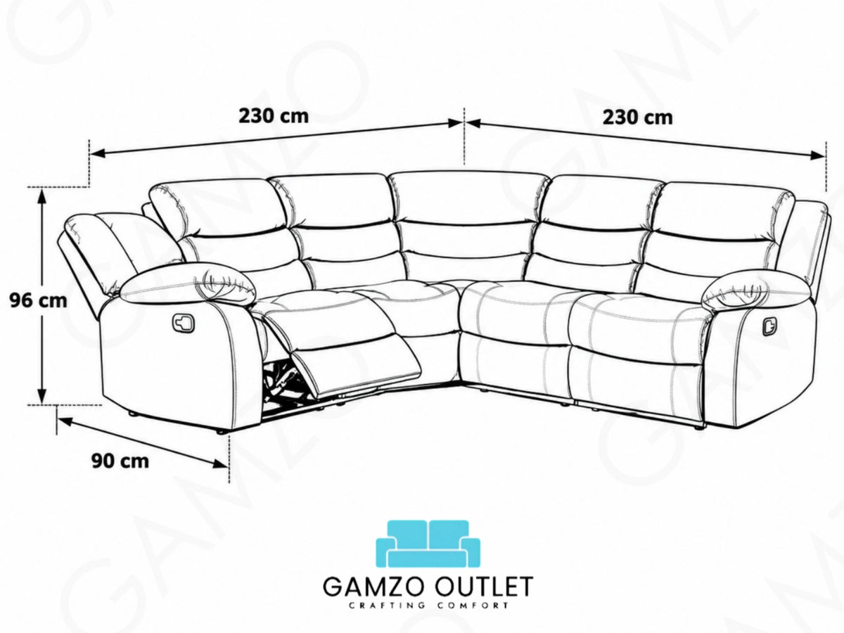 Grey Model R Recliner Corner Sofa by Gamzo Outlet, showcasing plush fabric, modern design, and comfortable seating arrangement.