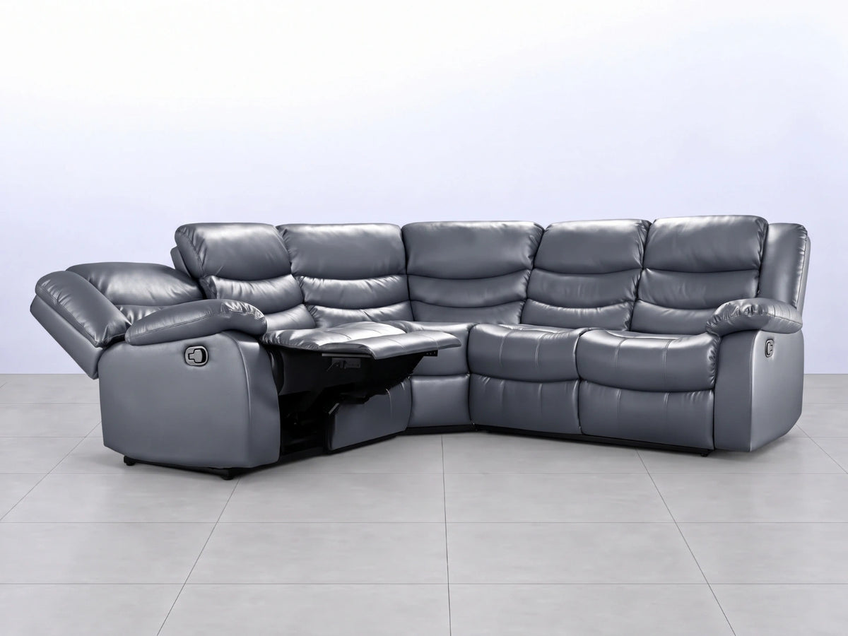 Grey Model R Recliner Corner Sofa by Gamzo Outlet, showing plush cushions and modern corner design in a cozy living room setting.