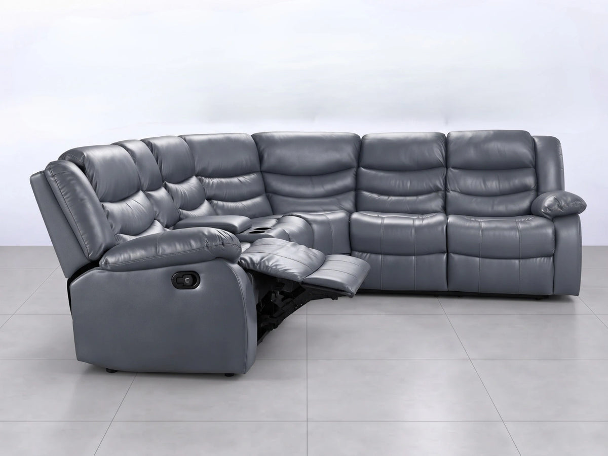 Grey Model R Recliner Corner Sofa by Gamzo Outlet, showcasing plush cushions and modern design in a living room setting.