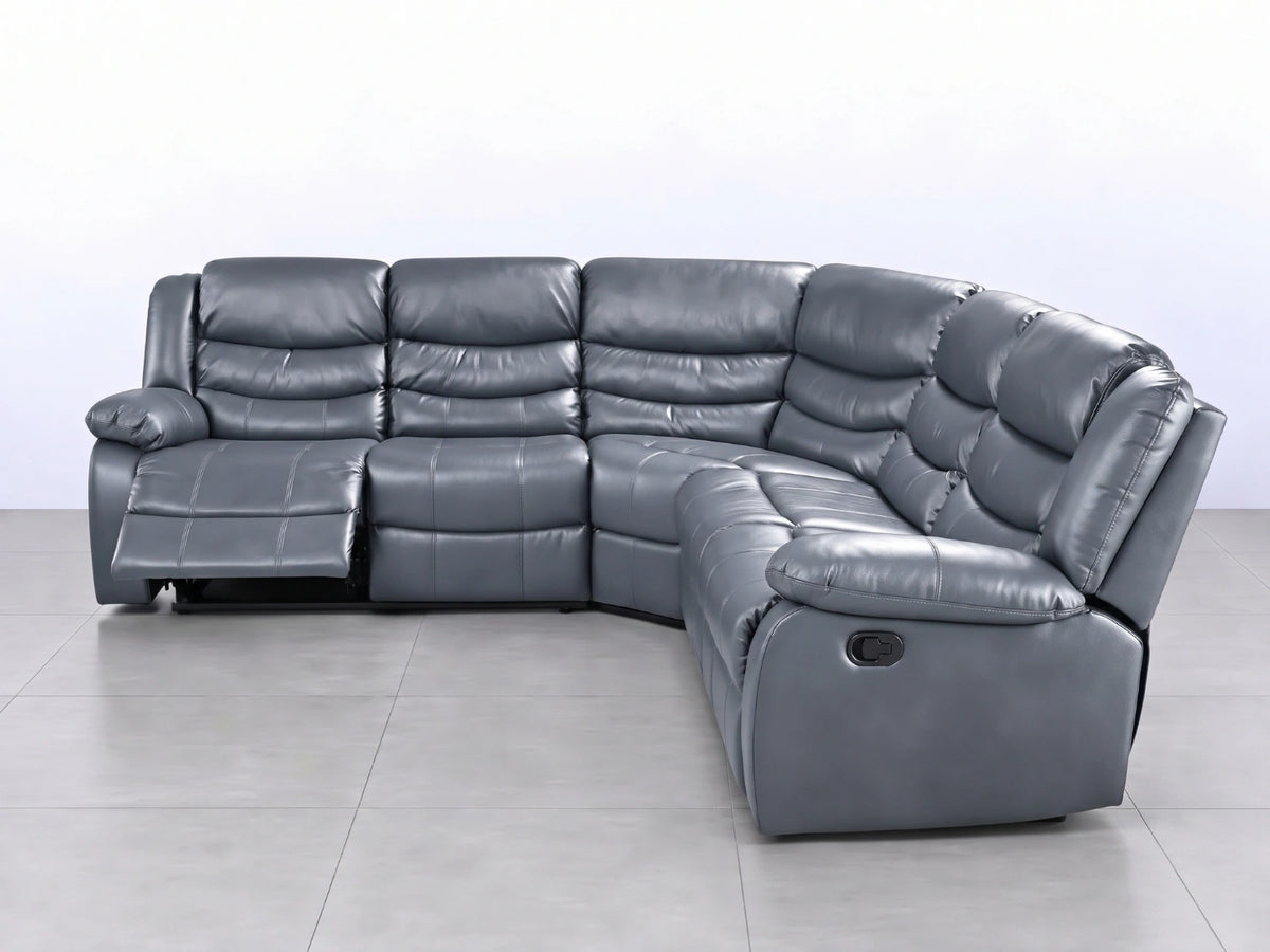 Grey Model R Recliner Corner Sofa by Gamzo Outlet, showing plush fabric upholstery and spacious seating in a modern living room setting.