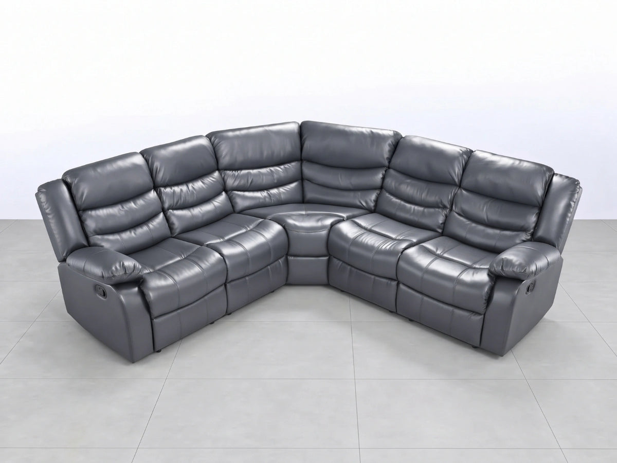 Grey Model R Recliner Corner Sofa by Gamzo Outlet, showcasing plush fabric, reclining seats, and modern design in a cozy living room setting.
