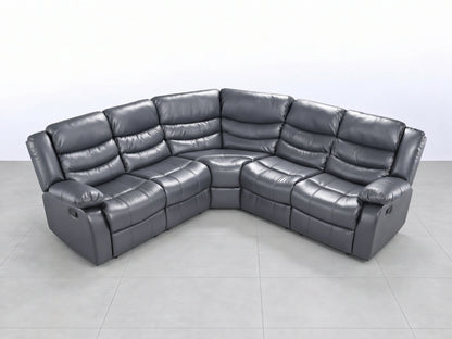 Grey Model R Recliner Corner Sofa by Gamzo Outlet, showcasing plush fabric, reclining seats, and modern design in a cozy living room setting.