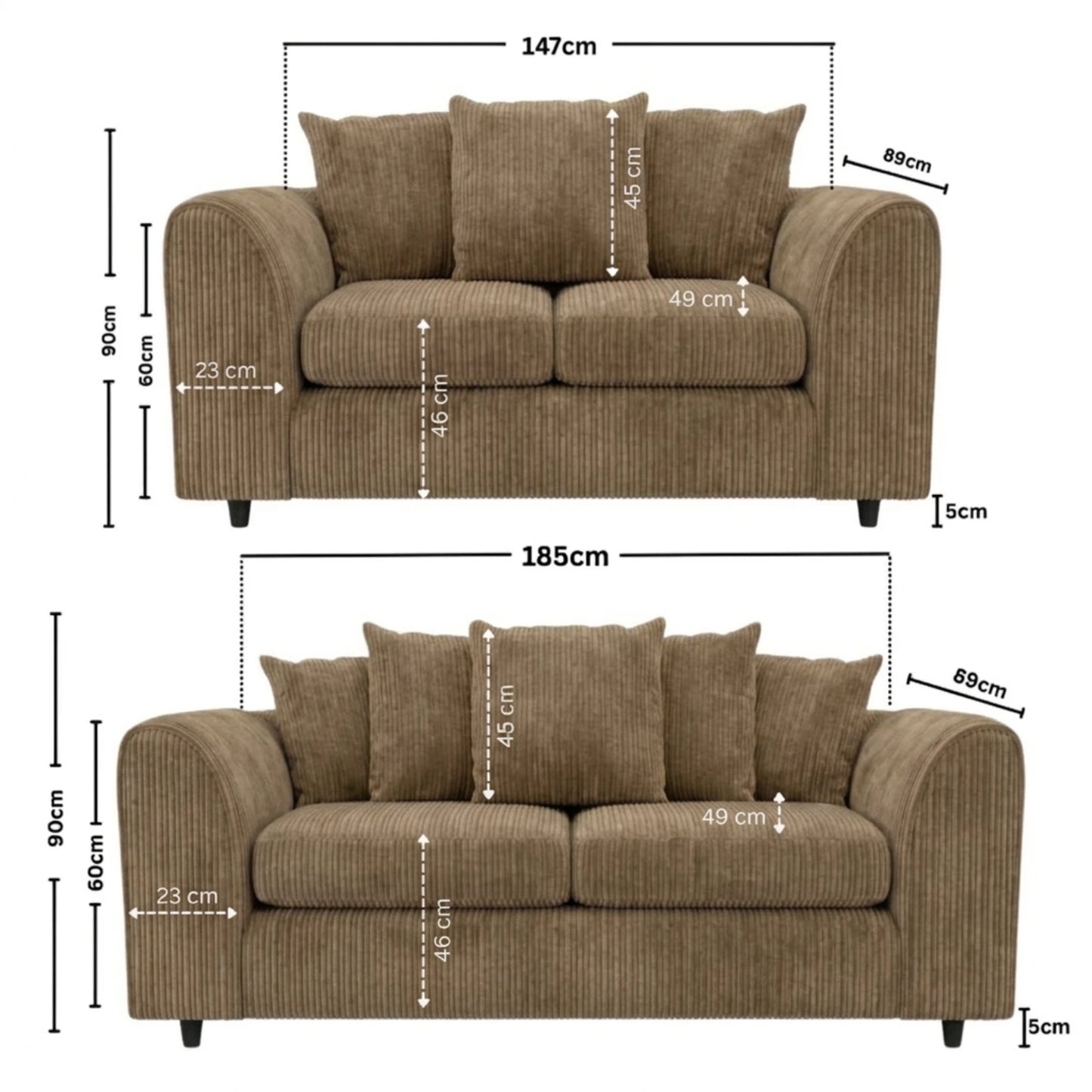 Large sofa set in soft jumbo cord fabric with plush cushions, featuring a modern design in a cozy living room setting.
