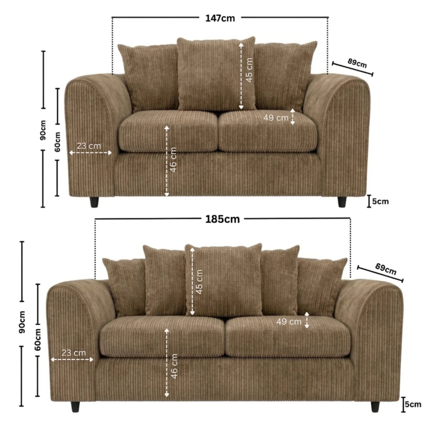 Large sofa set in soft jumbo cord fabric with plush cushions, featuring a modern design in a cozy living room setting.