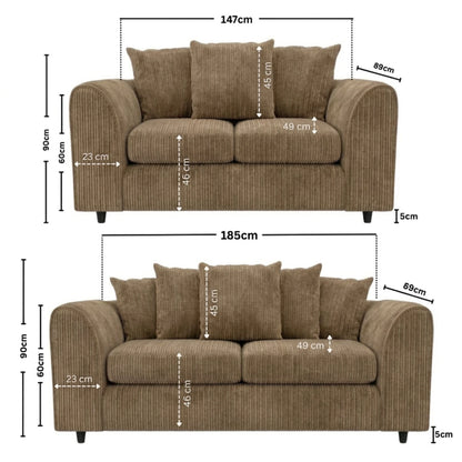 Large sofa set in soft jumbo cord fabric with plush cushions, featuring a modern design in a cozy living room setting.