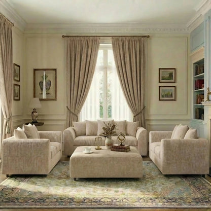 Jumbo cord fabric scatter back sofa set in neutral tones, featuring plush cushions and modern design for living room comfort.