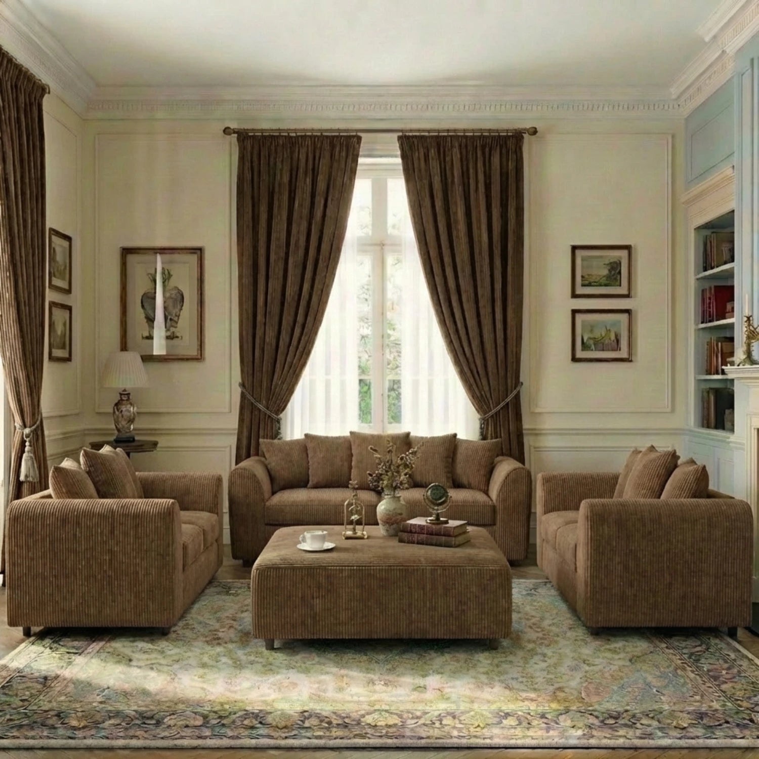 Jumbo cord fabric scatter back sofa set by Gamzo Outlet featuring plush cushions and modern design in a living room setting.