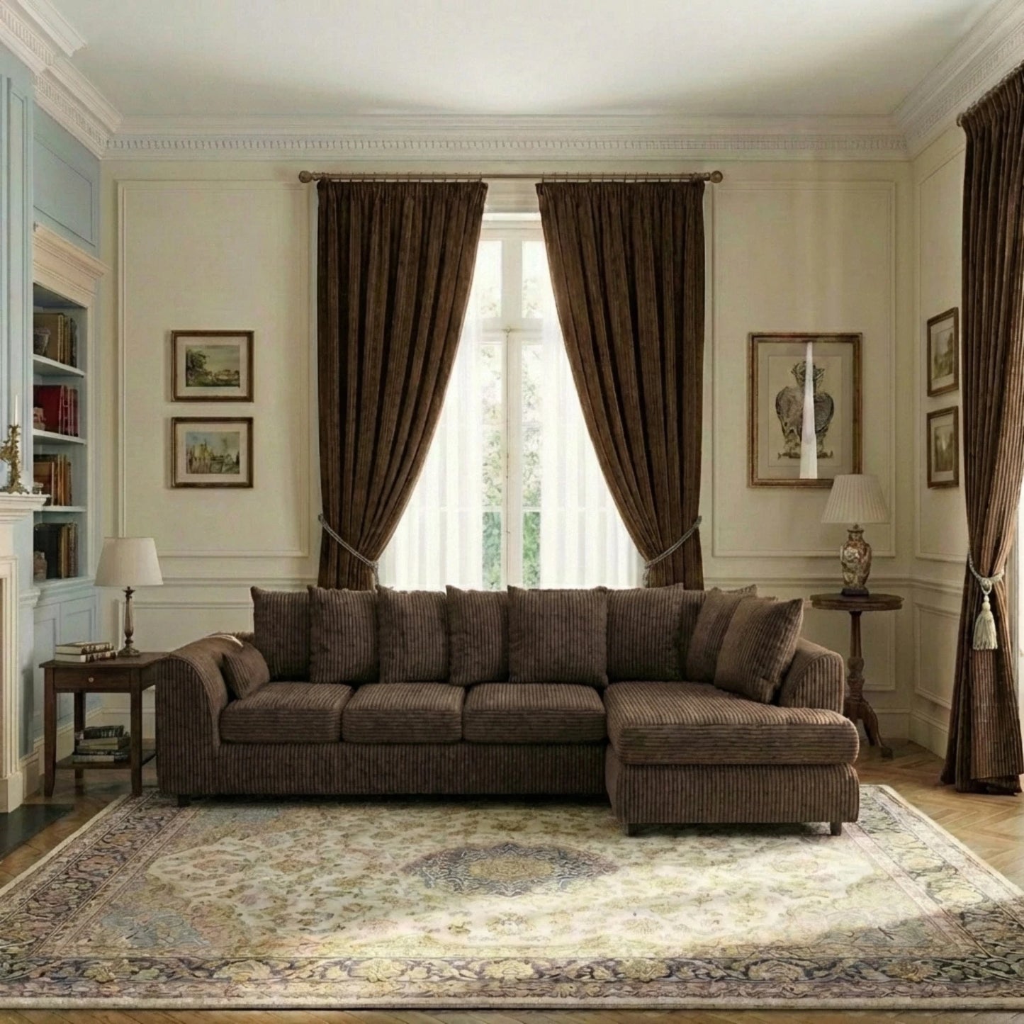 Gamzo Outlet XL jumbo cord L-shape sofa with scatter back, right side view showcasing plush cushions and modern design.