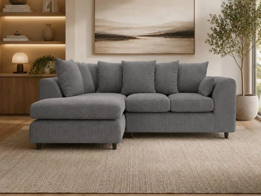Charcoal grey jumbo cord fabric L-shaped scatter back sofa by Gamzo Outlet, showing plush cushions and modern design.
