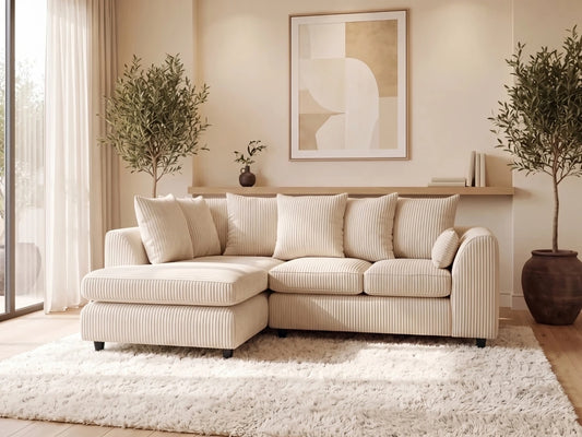 Cream L-shaped sofa with jumbo cord fabric and scatter back cushions, designed by Gamzo Outlet.