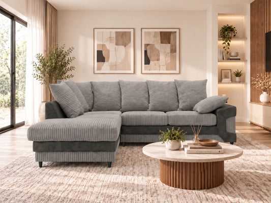 Gray Dino Jumbo Cord L-shaped sofa by Gamzo Outlet, showing the left-facing corner with plush cushions and modern design.