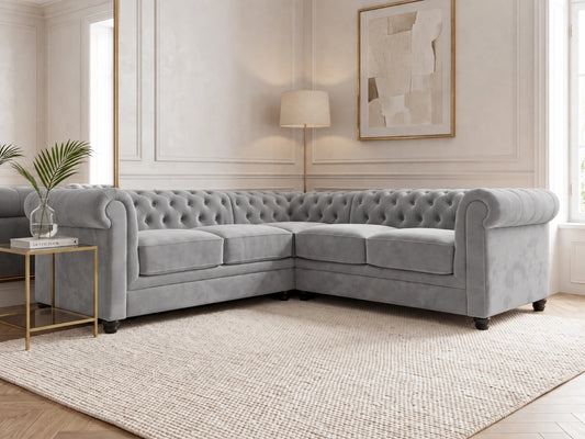 Light grey Chesterfield plush velvet fabric corner sofa by Gamzo Outlet, showing its elegant L-shaped design and soft upholstery.