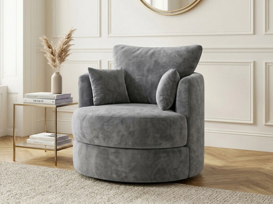 Light grey plush fabric swivel corner sofa chair by Gamzo Outlet with cushioned armrests and modern design.